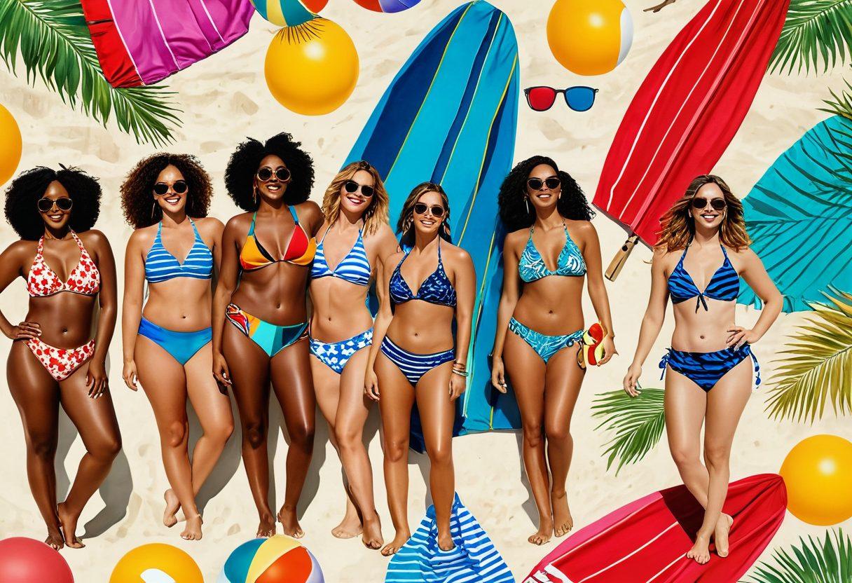 A vibrant and diverse beach scene showcasing women of different body types confidently wearing a variety of stylish bikinis and beachwear. Include a sunny atmosphere with palm trees, beach towels, and colorful beach accessories. Emphasize body positivity, confidence, and joyful expressions. Incorporate an array of fabrics and patterns in the swimwear. super-realistic. bright colors. summer vibes.