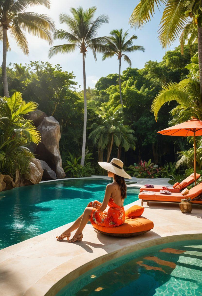 A luxurious poolside scene featuring a diverse group of stylish individuals lounging in vibrant resort wear and fashionable bathing suits. The backdrop includes a stunning infinity pool surrounded by tropical greenery and chic sunbeds. The sunlight casts a warm glow, enhancing the colors of their outfits. Include playful accessories like oversized sunglasses and wide-brimmed hats. Create a sense of relaxation and elegance. super-realistic. vibrant colors. tropical theme.