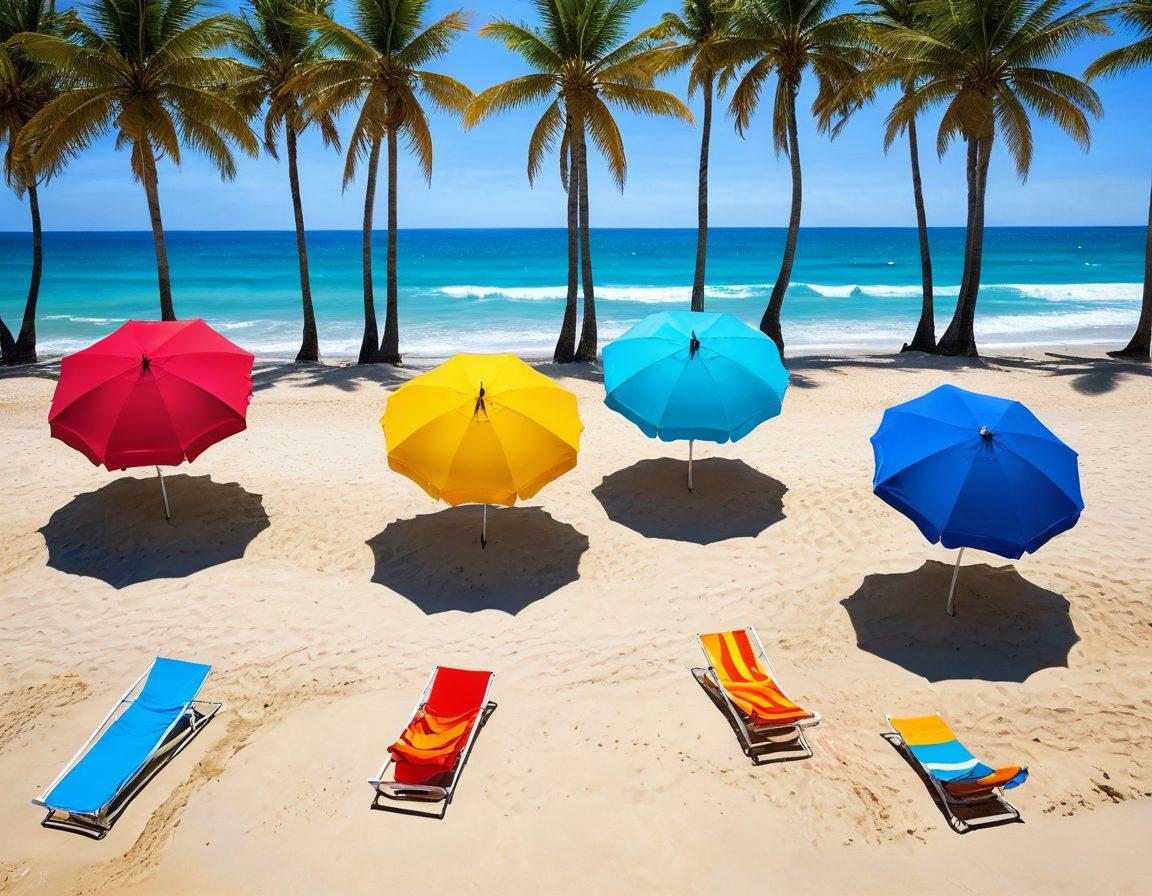 A sun-soaked beach scene featuring an array of colorful bikinis and stylish beachwear displayed on a sandy shoreline. Waves gently wash ashore in the background, with vibrant beach umbrellas and sunbathers enjoying the sunny weather. Include tropical palm trees swaying in the breeze and a azure sky for a perfect summer vibe. super-realistic. vibrant colors. peaceful summer atmosphere.